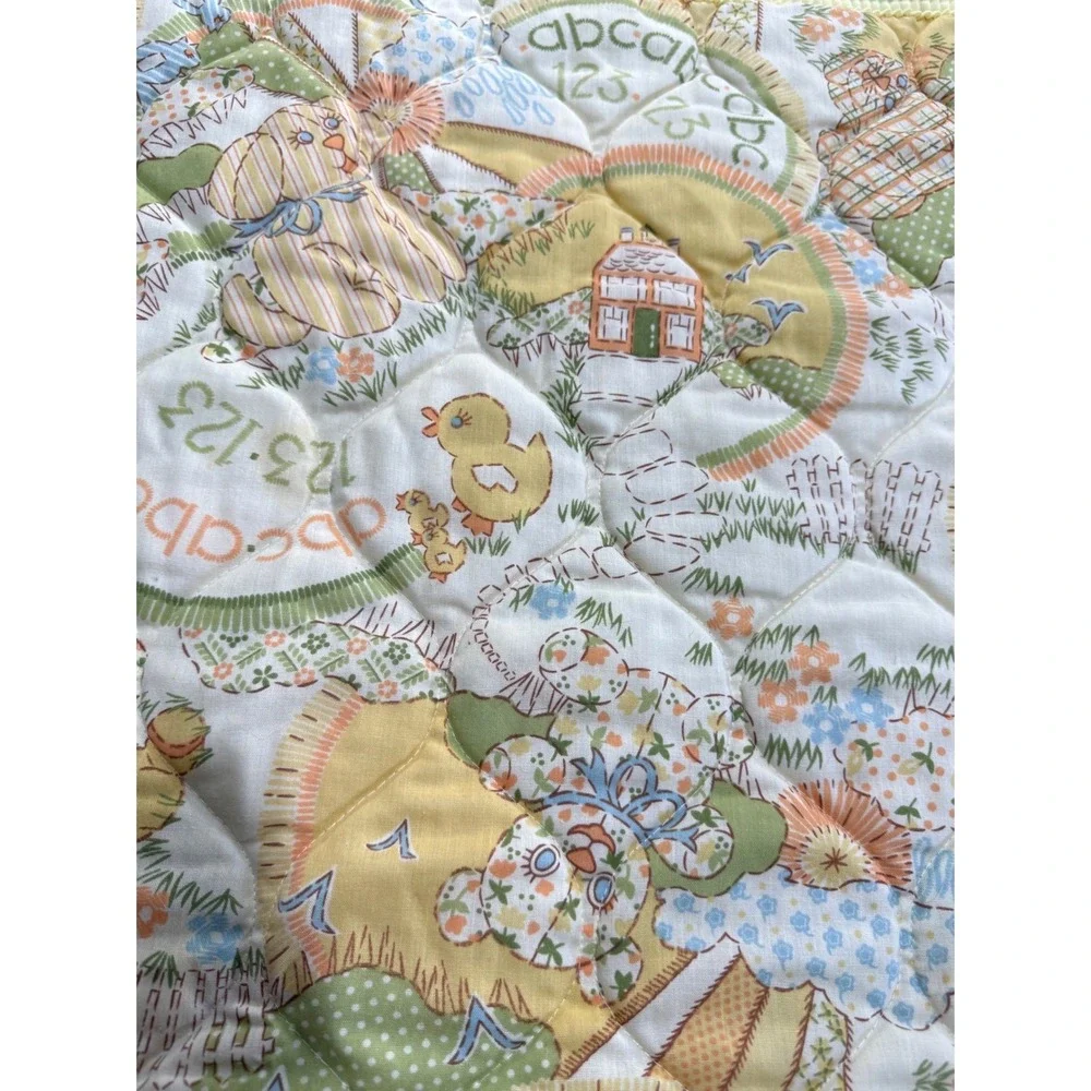 Vintage 1970s Sears Baby Blanket Quilt ABC 123 Bunny Duck Cat Yellow Green Retro
